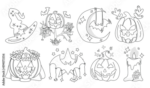 Set of isolated Halloween decoration elements for sticker, badge, tag or label in cute graphic illustration style on transparent background, Volume 8: Black outline style.