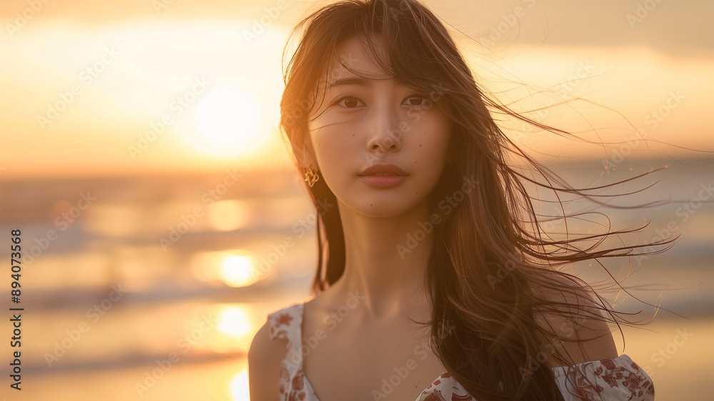 夕暮れのビーチで物思いにふける若い女性 夕暮れのビーチで物思いにふける若い女性