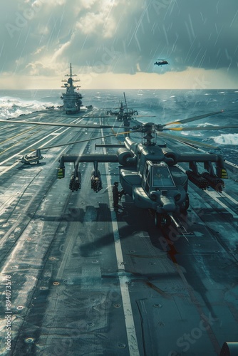 A photorealistic depiction of an Attack Helicopters AH-64 Apache refueling on the deck of an aircraft carrier The vastness of the open ocean surrounds