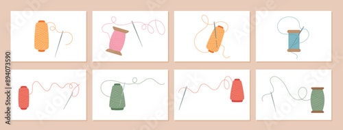 Set of icons with spools of thread and needles in various colors. These illustrations highlight essential sewing tools for tailors and crafters, perfect for sewing projects.