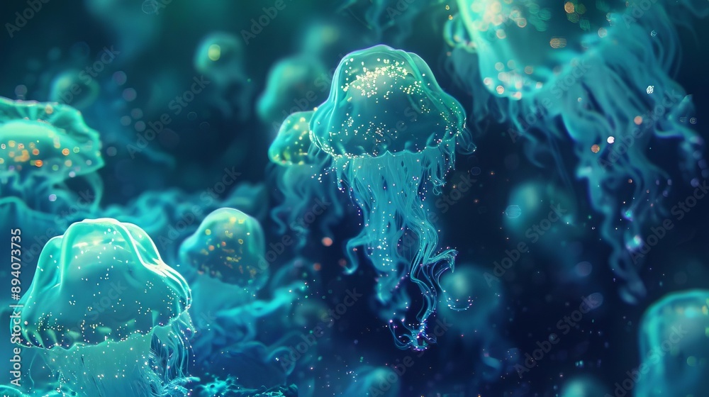 Beautiful underwater image of glowing jellyfish floating in the ocean, capturing the ethereal and mesmerizing beauty of marine life. Beautiful underwater image of glowing jellyfish floating in the ocean, capturing the ethereal and mesmerizing beauty of marine life.