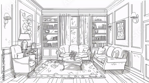 Front view living room graphic black white home interior sketch illustration vector which is very beautiful