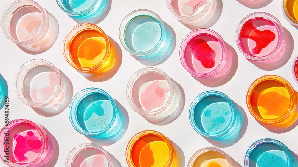 Pattern of petri dishes with cosmetics on light background Pattern of petri dishes with cosmetics on light background