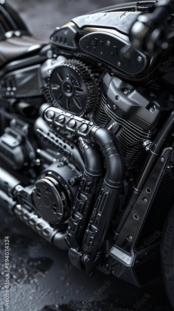 Close-up of a sleek black motorcycle engine, showcasing intricate mechanical details and craftsmanship, with a wet, glossy finish. Close-up of a sleek black motorcycle engine, showcasing intricate mechanical details and craftsmanship, with a wet, glossy finish.
