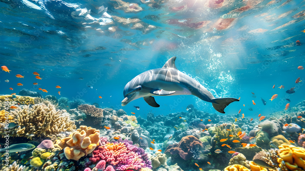 A playful dolphin leaping through vibrant coral reefs under a sunny sky, highlighting the colorful marine life in crystal-clear waters A playful dolphin leaping through vibrant coral reefs under a sunny sky, highlighting the colorful marine life in crystal-clear waters
