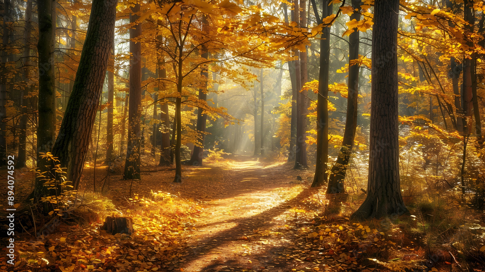 Obraz premium A serene forest trail during autumn, with golden leaves carpeting the path and soft sunlight filtering through the dense canopy