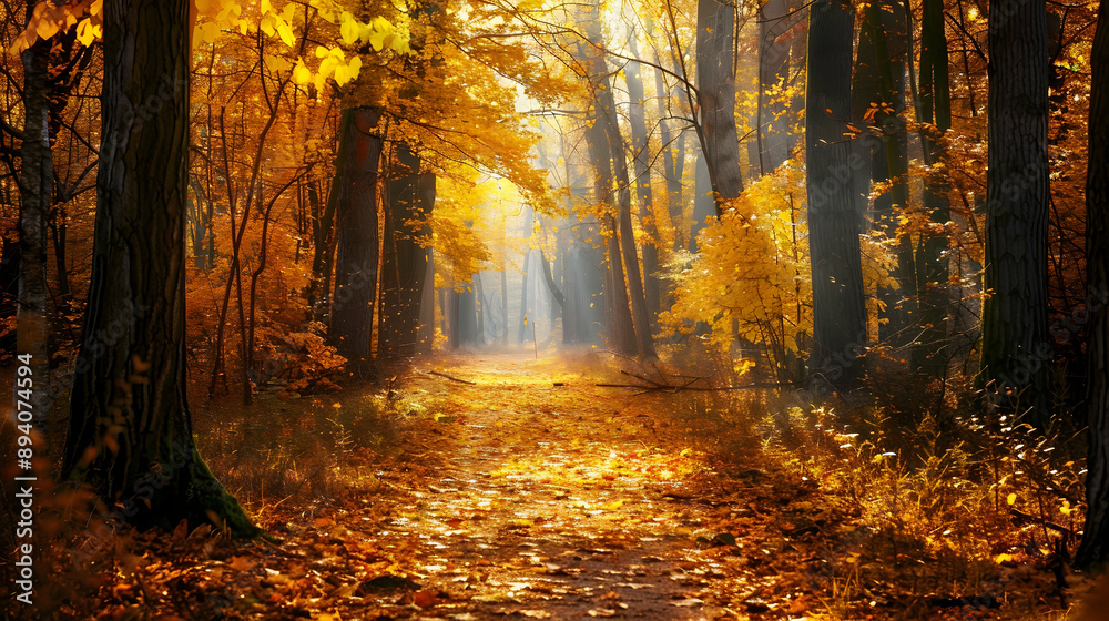 A serene forest trail during autumn, with golden leaves carpeting the path and soft sunlight filtering through the dense canopy A serene forest trail during autumn, with golden leaves carpeting the path and soft sunlight filtering through the dense canopy