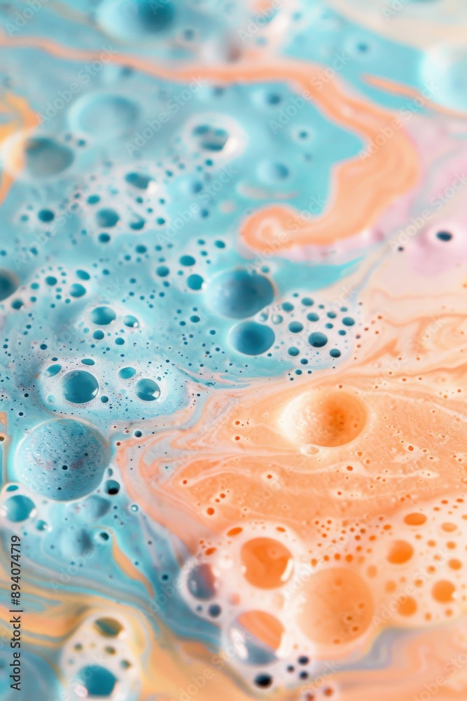 Close-up of an aromatherapy bath bomb dissolving, colorful swirls and bubbles in the water Close-up of an aromatherapy bath bomb dissolving, colorful swirls and bubbles in the water
