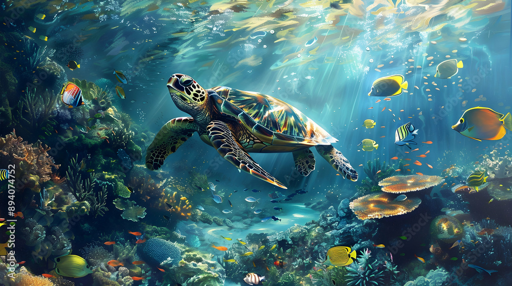 A turtle swimming gracefully in a crystal-clear lagoon, surrounded by colorful fish and illuminated by gentle sunlight A turtle swimming gracefully in a crystal-clear lagoon, surrounded by colorful fish and illuminated by gentle sunlight