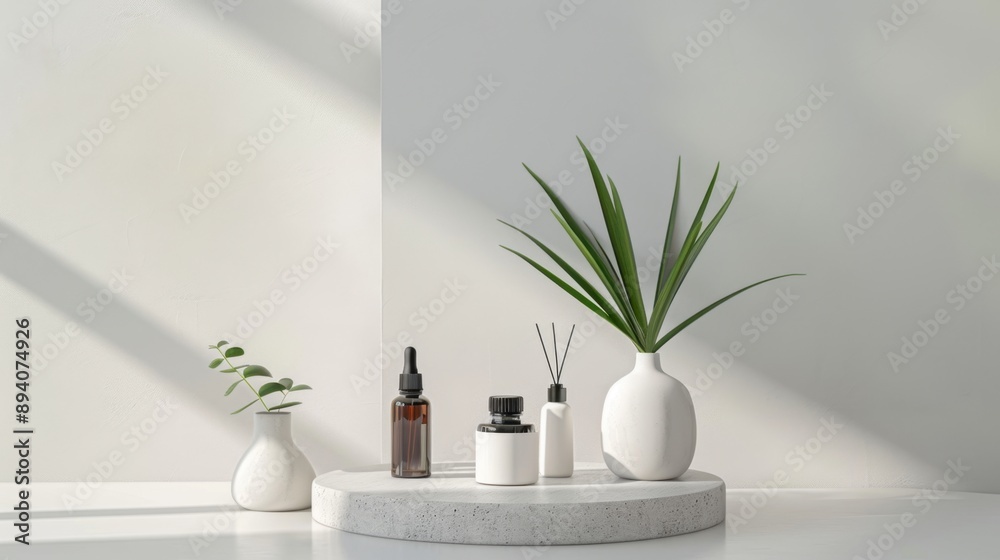 Fototapeta premium Commercial photo for a high-end aromatherapy brand: products arranged in a minimalist setting with sleek modern lines