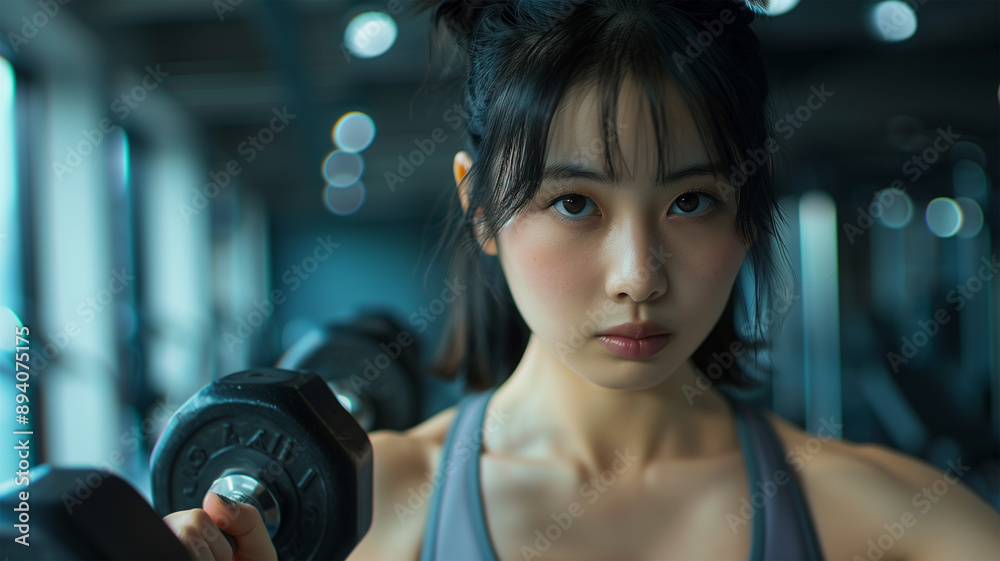 ジムでトレーニングに励む若い日本人女性のポートレート ジムでトレーニングに励む若い日本人女性のポートレート