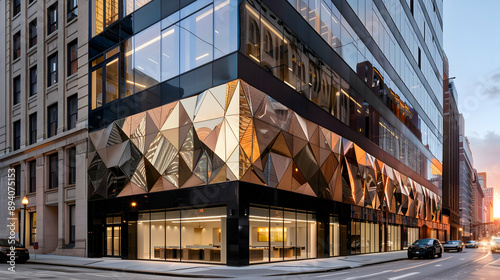 Fototapeta Naklejka Na Ścianę i Meble -  An office building with geometric patterns, brass accents, and a reflective glass exterior, blending into a historic downtown skyline