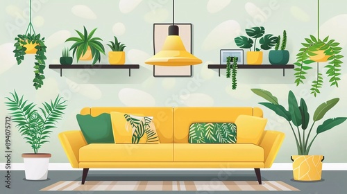 
Living room with sofa and shelves Living room interior in modern Scandinavian.Wicker lampshade, shelves with decorations, lots of indoor plants. Very beautiful vector cartoon style