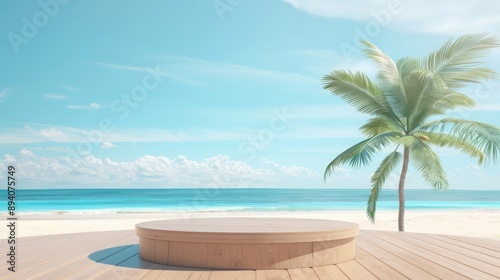 Beach podium summer background sand product 3D sea display platform Beach podium summer banner stand scene sale sky holiday vacation stage water island sun travel pedestal promotion presentation ad © Studios