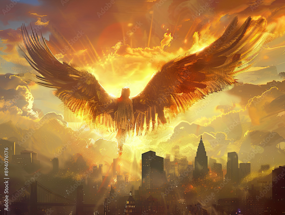 Angelic Flight Over Urban Dawn