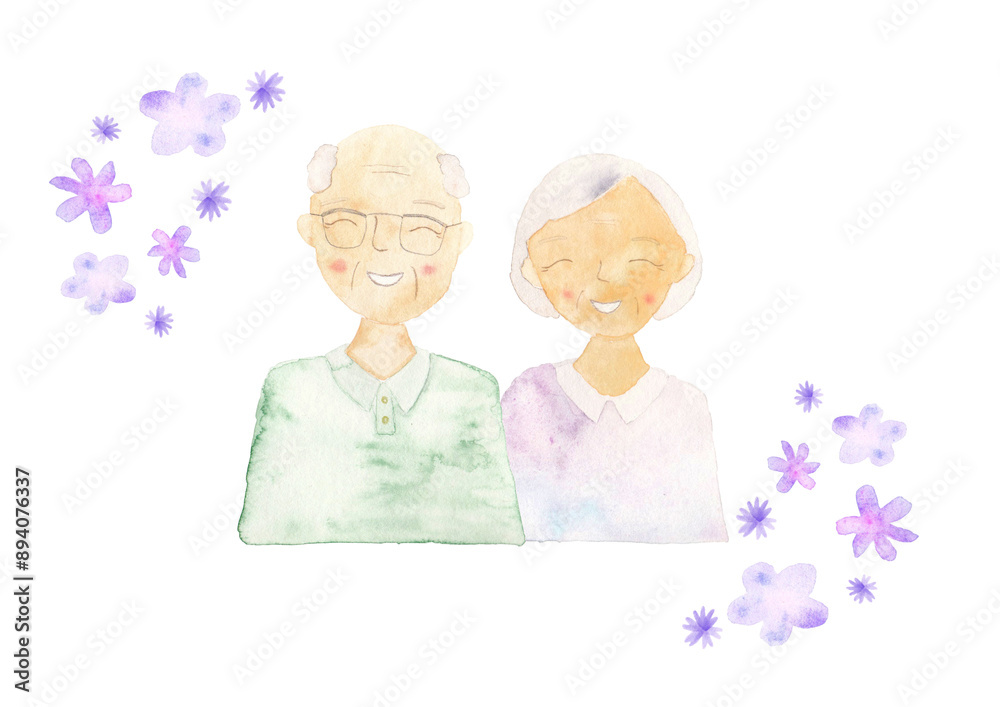 手描きの水彩で描いたシニア夫婦、紫の小花あり 手描きの水彩で描いたシニア夫婦、紫の小花あり