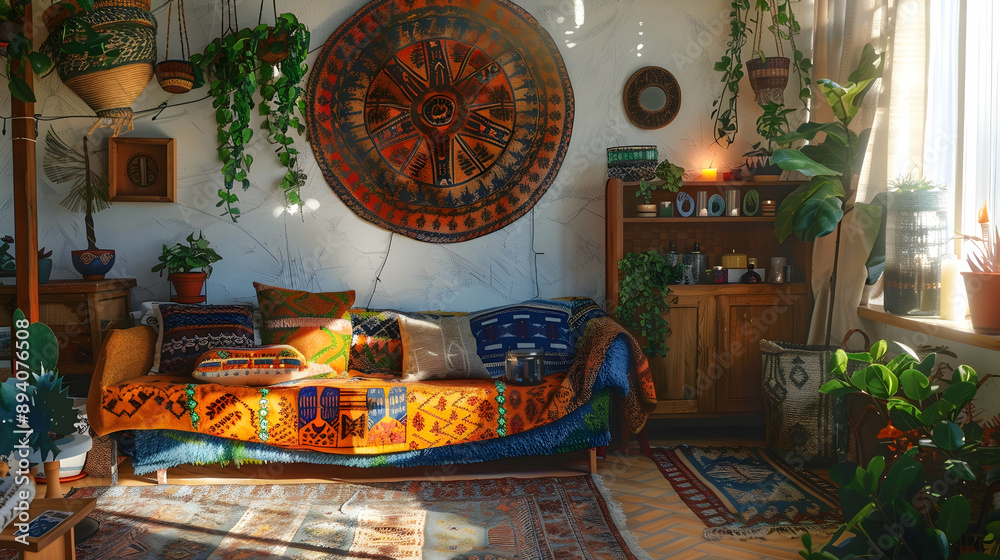 Boho-chic space with a rattan sofa, vibrant tapestry, hanging plants, and a wooden cabinet adorned with candles Boho-chic space with a rattan sofa, vibrant tapestry, hanging plants, and a wooden cabinet adorned with candles