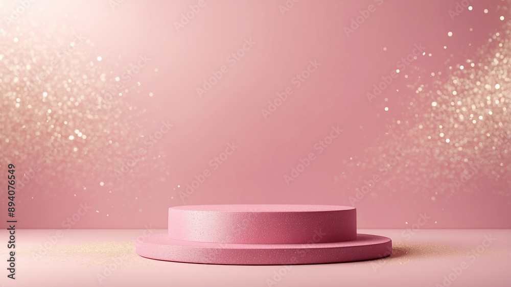 Shiny pink podium with blur light golden bokeh sparkly glitter background Shiny pink podium with blur light golden bokeh sparkly glitter background