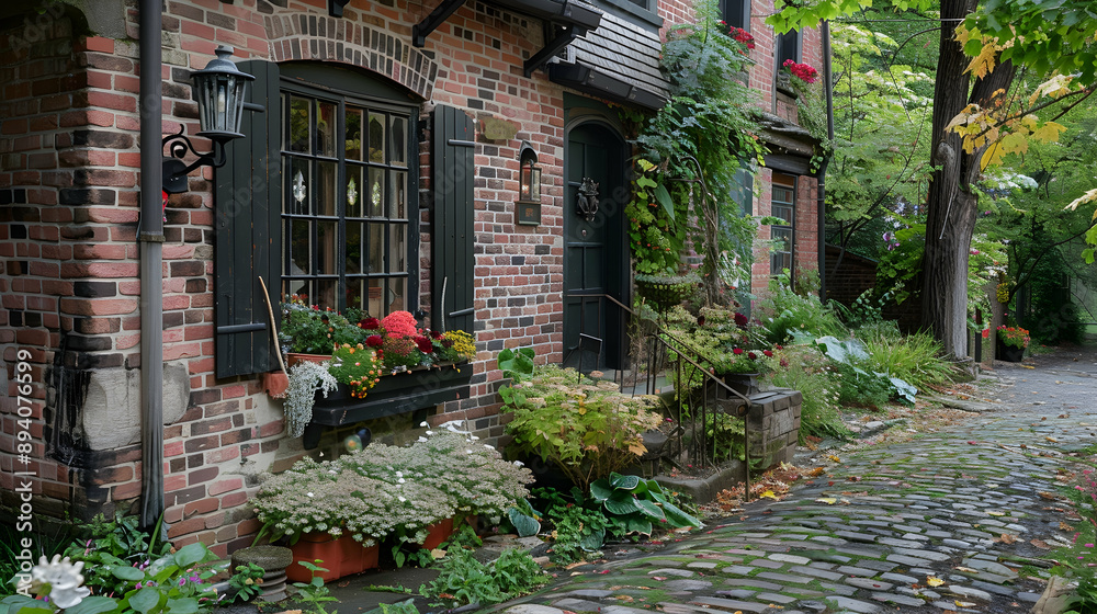 Fototapeta premium Brick cottage with a cobblestone street, flower-filled window boxes, and a vintage lamppost