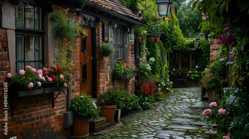 Brick cottage with a cobblestone street, flower-filled window boxes, and a vintage lamppost