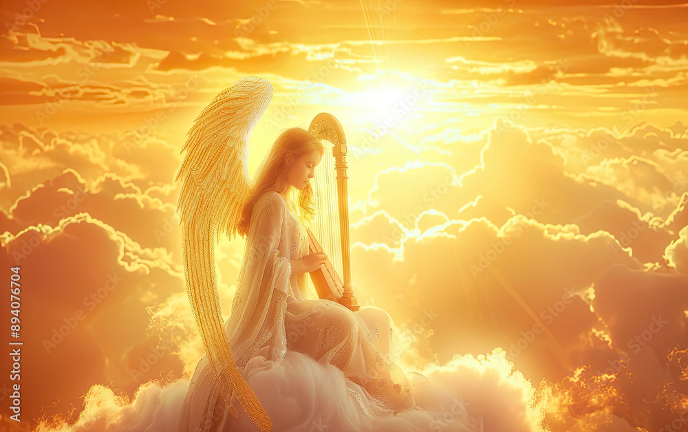 Angel Playing Harp at Sunrise