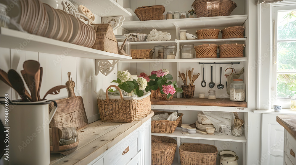 Fototapeta premium Bright farmhouse pantry with white cabinets, wicker baskets, and vintage decor in a cozy country kitchen