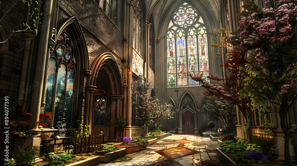 Cathedral with stained glass windows, a peaceful garden courtyard, and Gothic architecture Cathedral with stained glass windows, a peaceful garden courtyard, and Gothic architecture