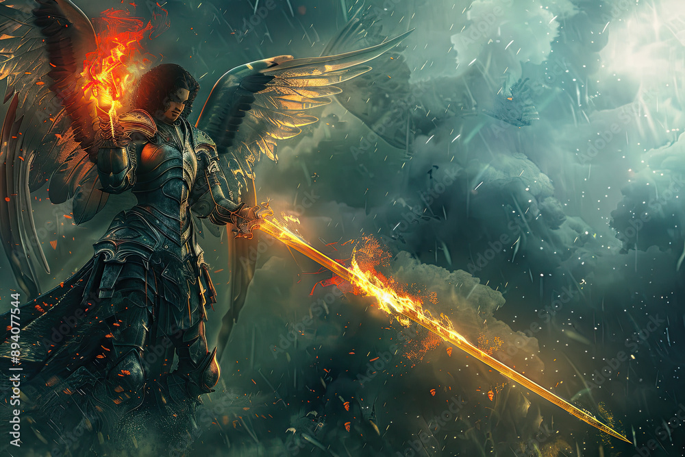 Celestial Warrior in Fiery Battlefield