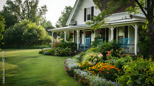 Fototapeta Naklejka Na Ścianę i Meble -  Charming country home with a wraparound porch, rocking chairs, and blooming flower beds in a tranquil rural setting