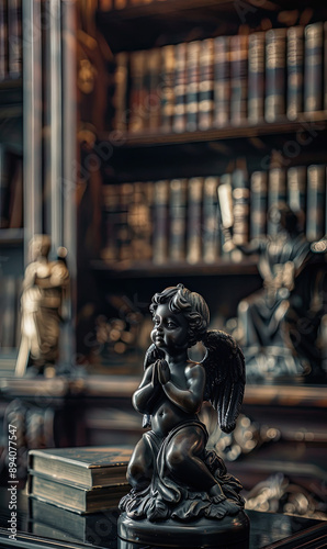 Serene Ebony Angel in Luxurious Library