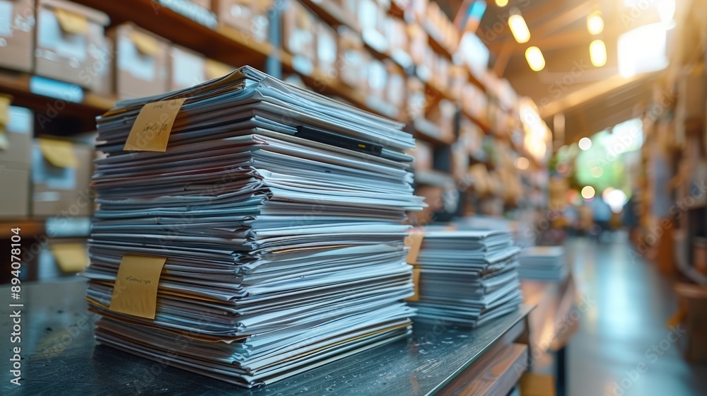 A stack of papers on an office desk, with a blurred background showing shelves and file cabinets. A stack of papers on an office desk, with a blurred background showing shelves and file cabinets.