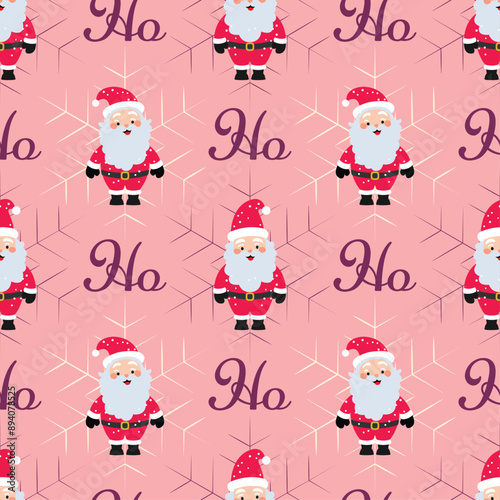 Christmas seamless pattern with jolly santa claus cartoon characters, snowflake and ho ho ho sign on pink background. 