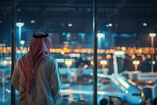 Saudi Gulf Arab man wearing a traditional white thobe and red shemagh, standing on dark night and lamps on airport blurred glass window background.