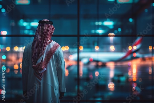 Saudi Gulf Arab man wearing a traditional white thobe and red shemagh, standing on dark night and lamps on airport blurred glass window background. photo