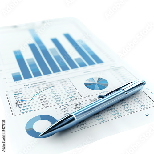 Business financial document with graphs and charts. Pen on paper displaying data analysis, statistics, and financial performance insights.