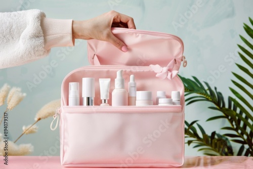 a hand is taking out white bottles of skin care on solid color background