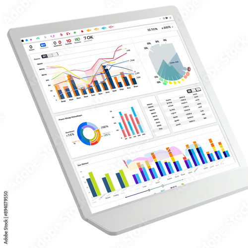 Digital tablet displaying various business analytics and charts. Ideal for business reports, research, and data analysis visuals.