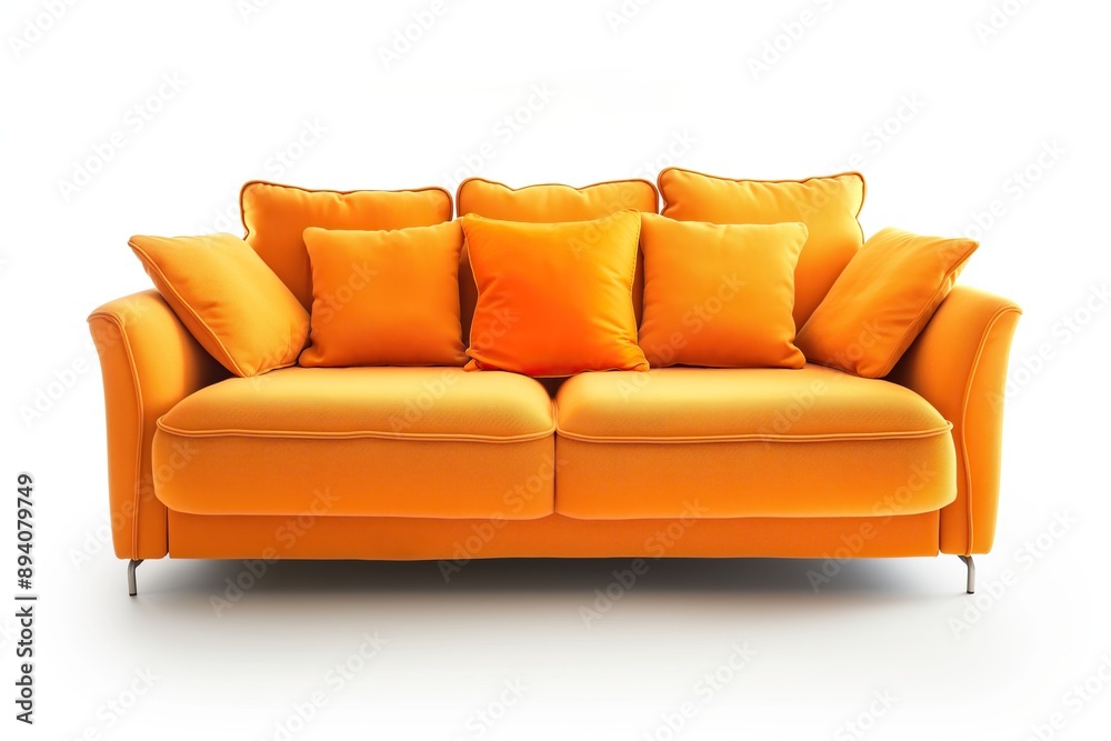Fototapeta premium Orange sofa with orange pillow isolated on white background