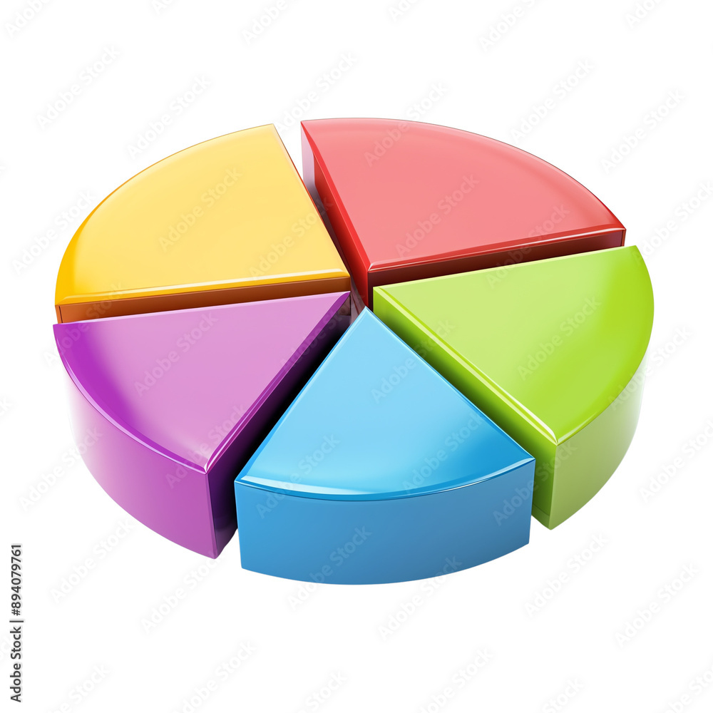 Obraz premium Colorful 3D pie chart graphic with five segments in different colors, perfect for business presentations and data visualization.