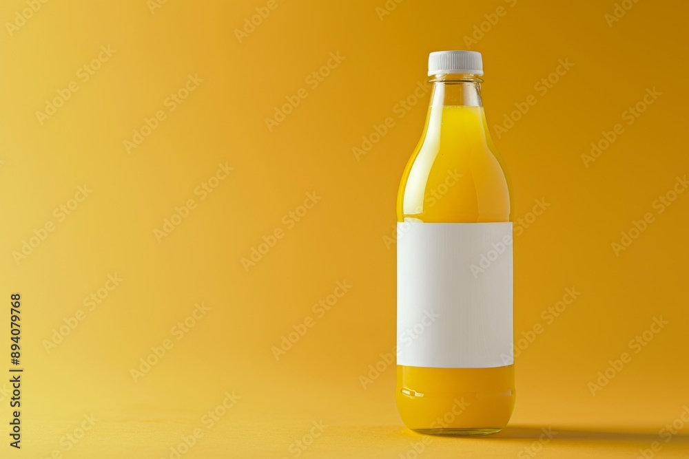 bottle of yellow apple juice with a white blank label bottle of yellow apple juice with a white blank label