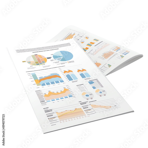 Open financial report with colorful graphs and charts, showing data analysis, business trends, and statistics. Ideal for corporate presentations.