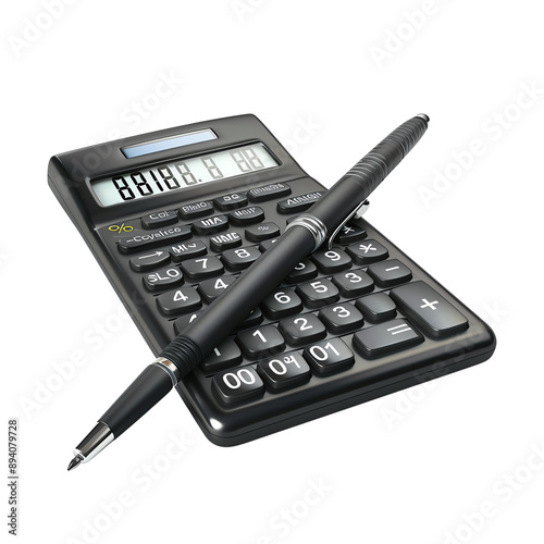 Black calculator and pen on a white background, ideal for business, accounting, finance, and calculations. Perfect for office and educational use.