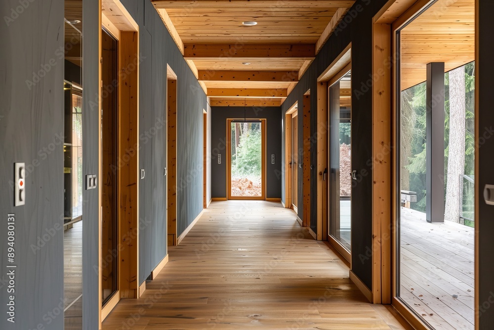 Interior of modern house, wooden corridor with windows. Nobody inside Interior of modern house, wooden corridor with windows. Nobody inside