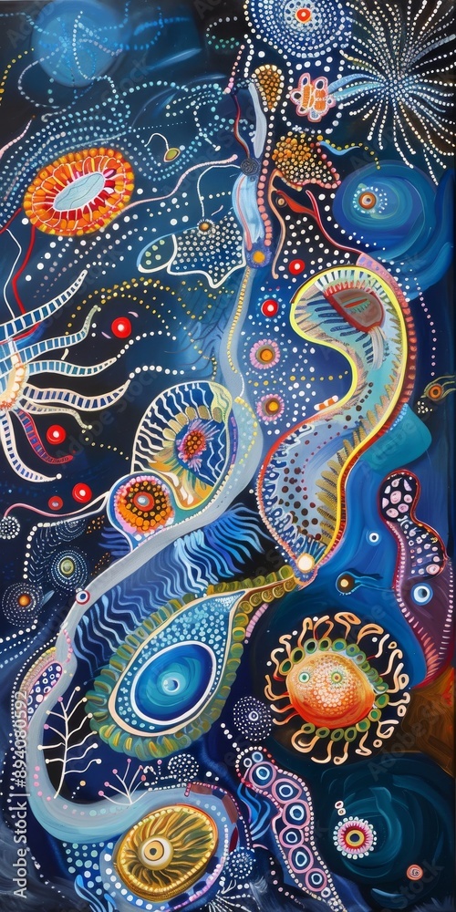 Naklejka premium An abstract illustration with dots and lines representing a dreamscape with vibrant cool colors.