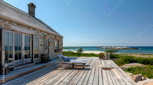 Coastal cottage with weathered stone walls  a wooden deck  and beachfront views under a clear blue sky