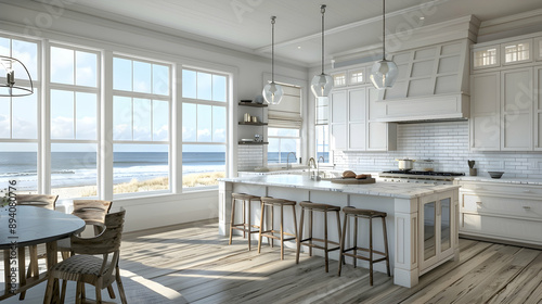 Coastal kitchen and dining area  Nautical pendant lights  white shaker cabinets  driftwood accents  a marble-topped island  and views of crashing waves through bay windows
