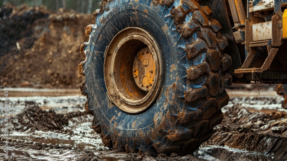 Close up view of large muddy black tire on loader Close up view of large muddy black tire on loader