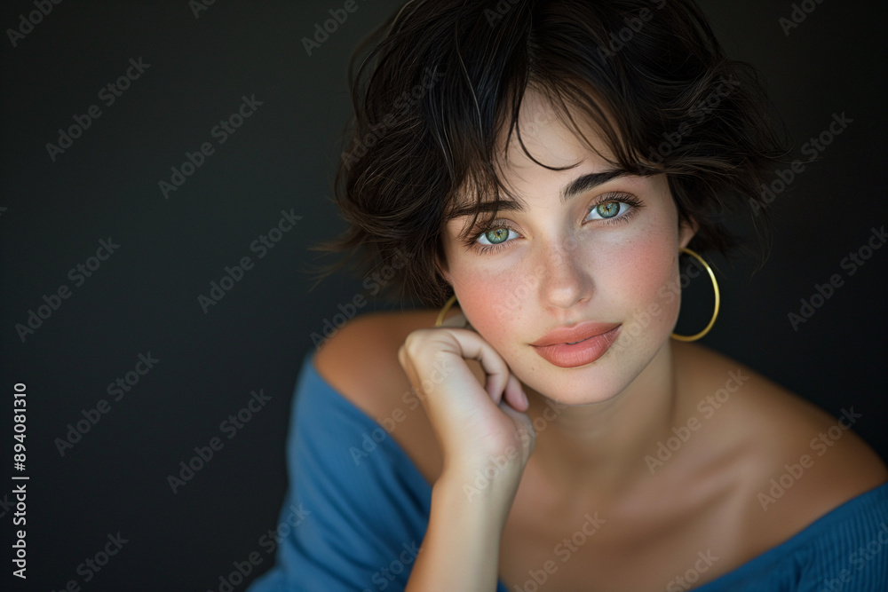 Obraz premium Elegant Portrait of Woman with Short Dark Hair and Blue Eyes Resting Hand on Chin