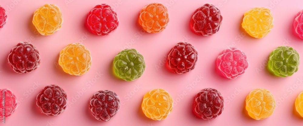 A Rainbow Of Juicy Gummy Candies, A Background Pattern From Jelly Sweets On A Pink Background A Rainbow Of Juicy Gummy Candies, A Background Pattern From Jelly Sweets On A Pink Background