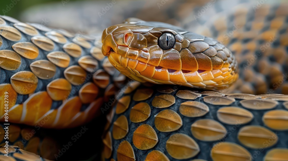 Close-up of a vibrant snake with intricate scale patterns, showcasing its striking colors and detailed textures in sharp focus. Close-up of a vibrant snake with intricate scale patterns, showcasing its striking colors and detailed textures in sharp focus.